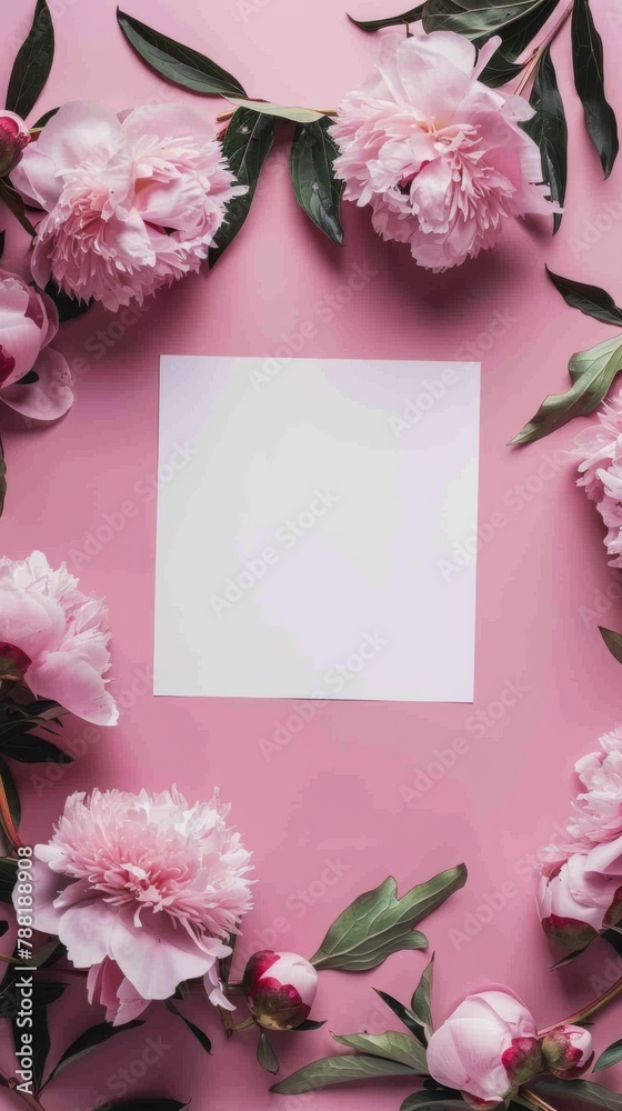 Blank square card surrounded by pastel colored flowers on a light pink background