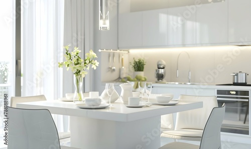 Modern new light interior of kitchen with white furniture and dining table © Pascal