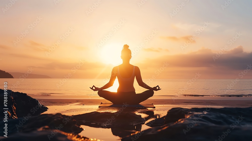 Serene yoga session at sunrise, silhouette of a person in a meditative pose on a tranquil beach, embodying peace and mindfulness Serene yoga session at sunrise, silhouette of a person in a meditative pose on a tranquil beach, embodying peace and mindfulness