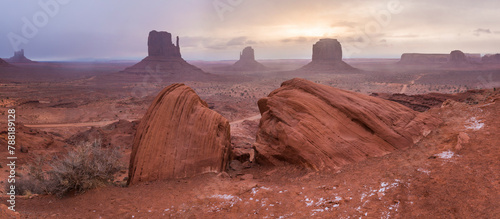 View of majestic rock formations in sunset at monument valley, arizona, united states. photo
