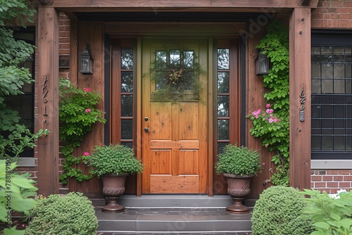 Main entrance door in house. Wooden front door with gabled porch and landing copy space for text photo