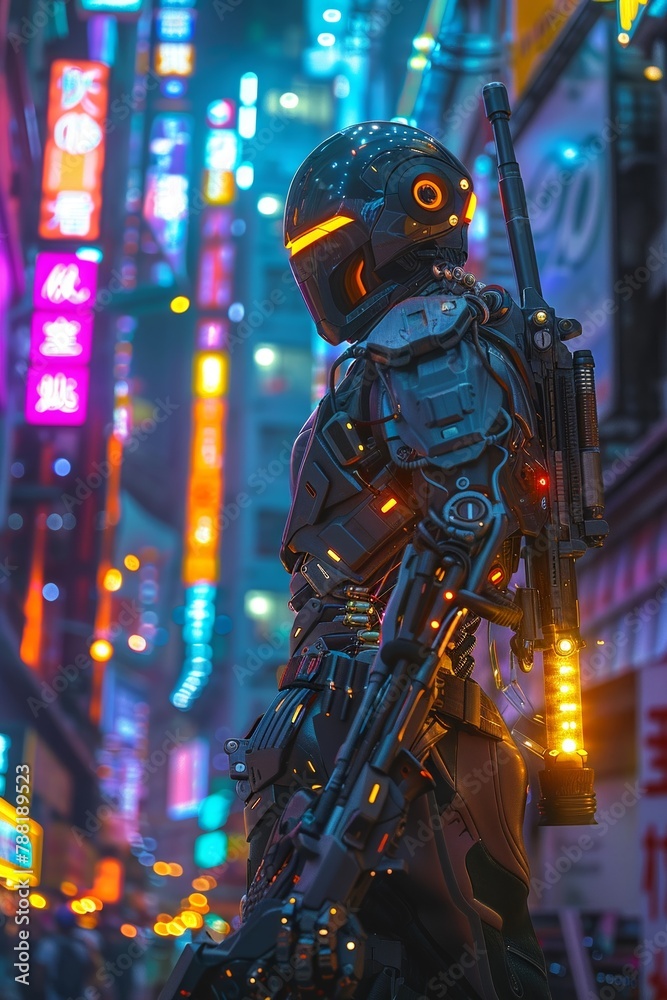 A mysterious figure with a cybernetic arm, carrying a glowing shotgun in a neonlit cityscape , Prime Lenses A mysterious figure with a cybernetic arm, carrying a glowing shotgun in a neonlit cityscape , Prime Lenses