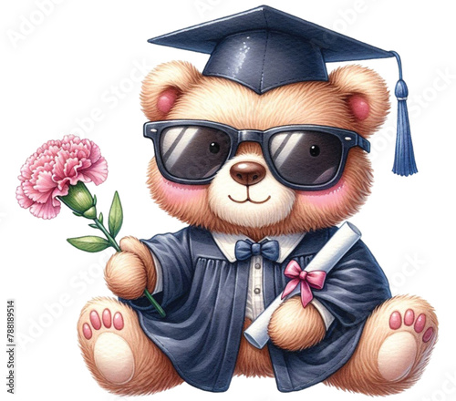 bear graduation gown holding a carnation clipart watercolor
