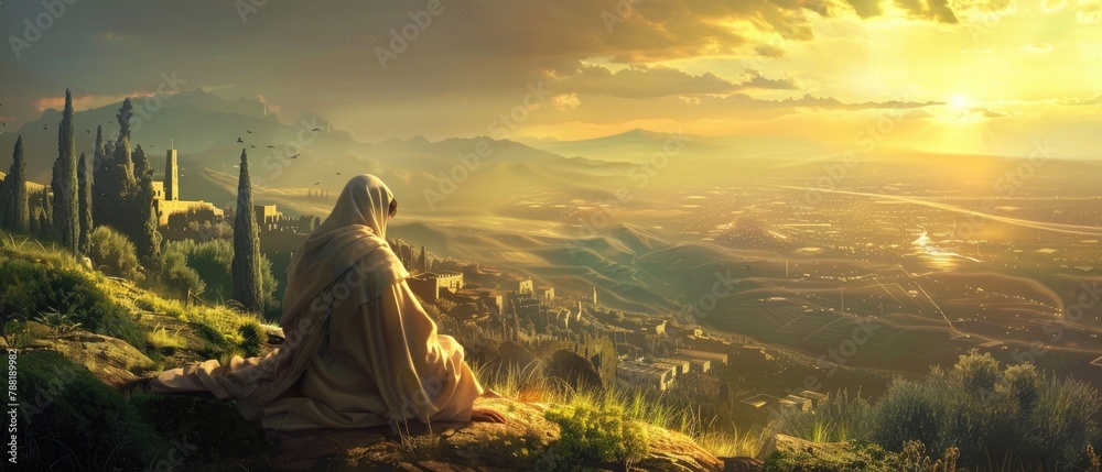 Obraz premium Jesus on the Mount of Olives, giving prophecies and teachings about the end times and preparation