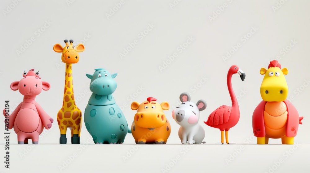 Cute animal assortment of giraffe, hippopotamus, horse, ostrich, koala, white background Cute animal assortment of giraffe, hippopotamus, horse, ostrich, koala, white background