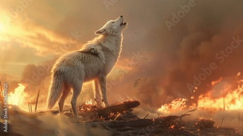 Howling wolf standing on a log in the twilight, against a backdrop of fire and rain, a powerful representation of resilience