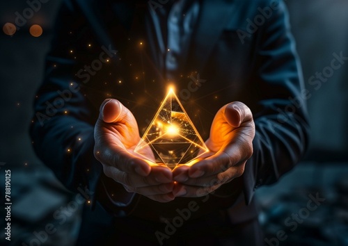 Businessman Holding Glowing Digital Pyramid Hologram in Dark Office.