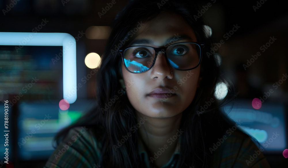 Woman, face and coder at night with computer for problem solving, hacking or cybersecurity at office. Female person or programmer working late on complex code or algorithm for software development Woman, face and coder at night with computer for problem solving, hacking or cybersecurity at office. Female person or programmer working late on complex code or algorithm for software development