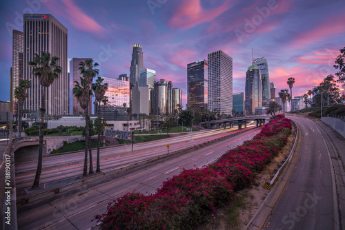 View of Manhattan skyline at sunset, Los Angeles, California, United States.