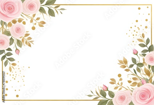 Corner floral design with pink roses, green leaves, and gold dots on a plain light background