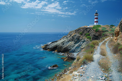 A lighthouse on the cliff by the sea. Beautiful weather during the day. The lighthouse is striped in white and red and is in the right half of the picture. 