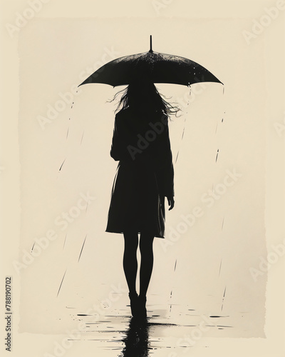 A medium of the back of a woman holding an umbrella on a spring rainy day, organic shapes with thick black outlines on a white background. The forms intertwine playfully.