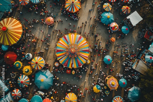 Aerial View of a Carnival With Umbrellas, An aerial view of a colorful and bustling carnival, AI Generated