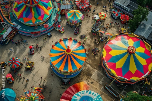 This photo showcases an aerial perspective of a lively carnival, featuring a variety of colorful rides in motion, An aerial view of a colorful and bustling carnival, AI Generated