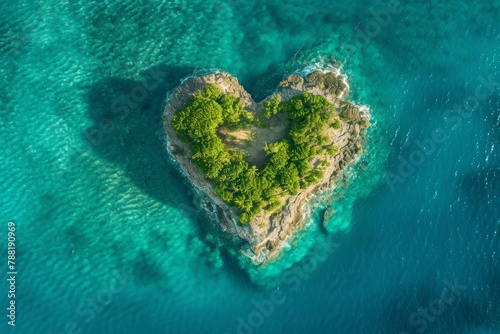 A heart-shaped island stands out amidst the vastness of the ocean, forming a distinctive natural formation, An aerial view of a heart-shaped island surrounded by stunning azure waters, AI Generated