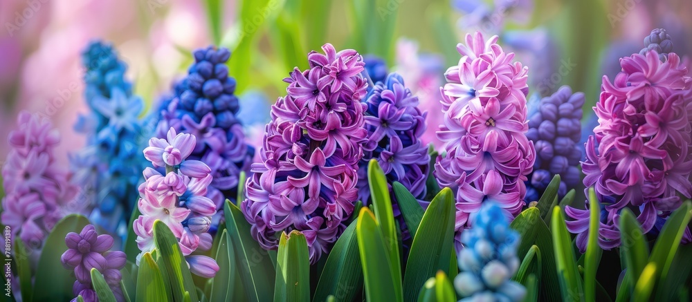 Fototapeta premium Bunches of colorful purple hyacinth blossoms flourishing in a Dutch garden in the spring.