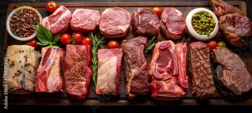 Wooden tray with meat cuts selection at butcher shop, empty price tags for copy space in wide banner