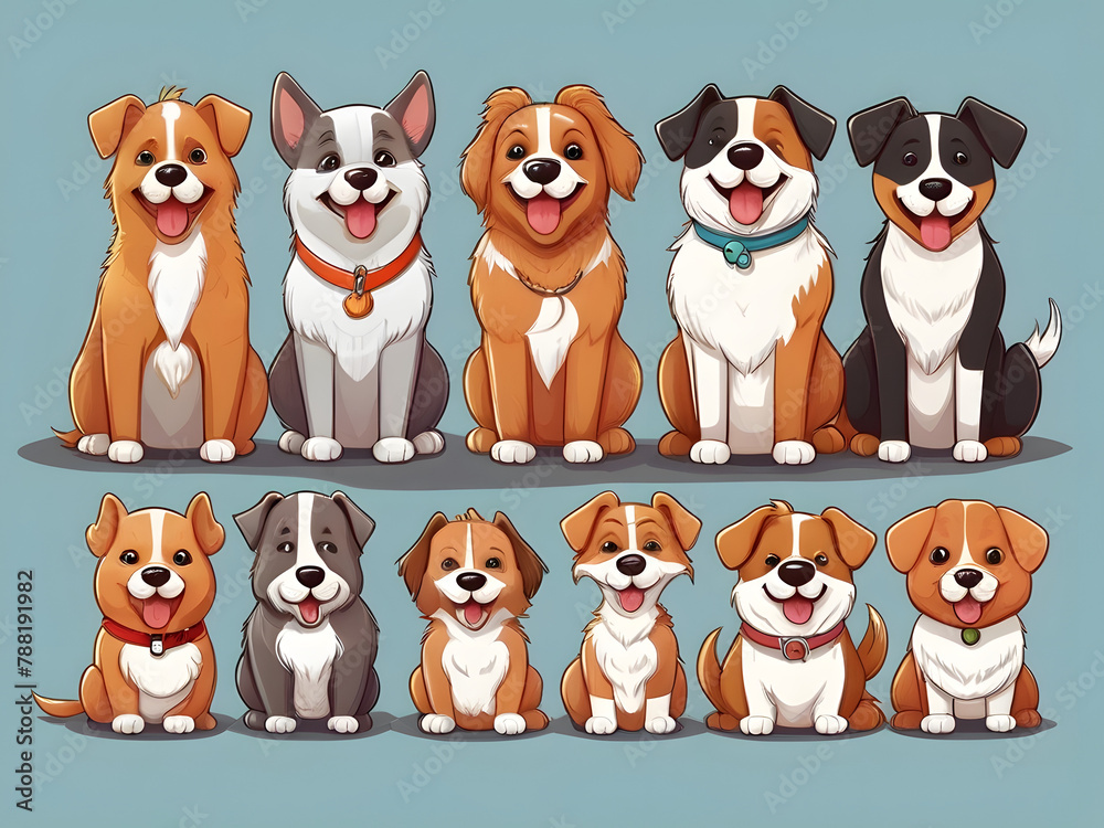 Amazing Illustration of a set of funny cartoon dogs cats