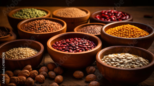 Variety of legumes in wooden bowls on rustic wooden background