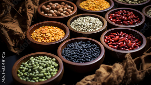 Assortment of different legumes in wooden bowls on black background.