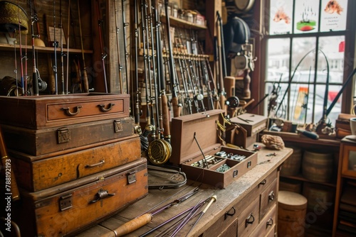 This photo depicts a room filled to capacity with a variety of wooden drawers, providing ample storage space, An antique shop displaying vintage fishing rods and old tackle boxes, AI Generated photo