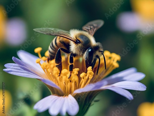 Close-up of a bee sitting on flowers and pollinating them © AnastasiiaSai