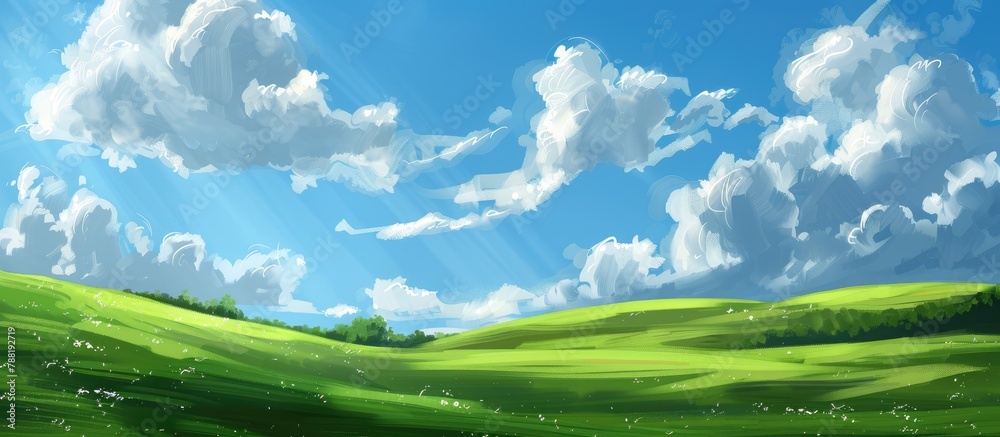 The green grass field sits atop gently rolling hills, under a blue sky adorned with fluffy white clouds.