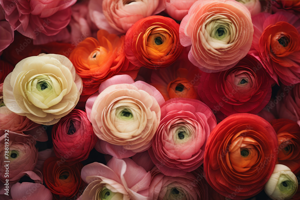 Colorful ranunculus flowers as a background, top view.
