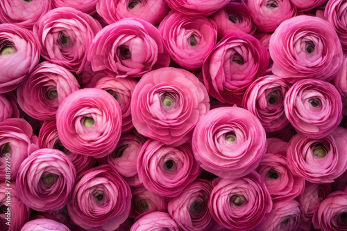 Pink ranunculus flowers as background, top view, close up