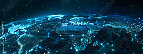 Abstract digital world map, concept of global network and connectivity on Earth, data transfer and cyber technology, information exchange and international telecommunication, Ai