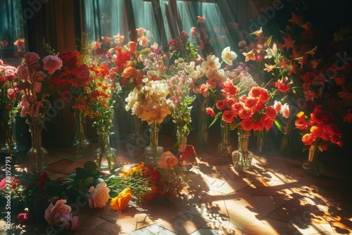 A collection of various flowers displayed on a table, An array of bouquets in vases, casting dreamlike shadows, AI Generated