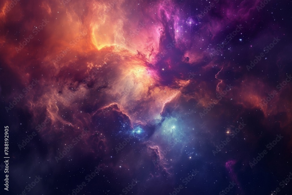 A vibrant space scene featuring an array of colorful stars and billowing clouds floating in the sky, An array of brilliant colors merging at the epicenter of a nebula, AI Generated