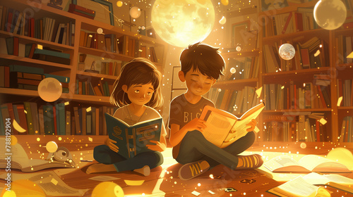Whimsical Study: Cartoon Style Scene with Education Symbols and Open Sketchbooks