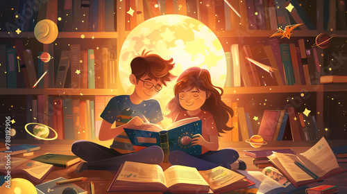 Magical Learning: Boy and Girl Immersed in Reading with Floating Education Icons