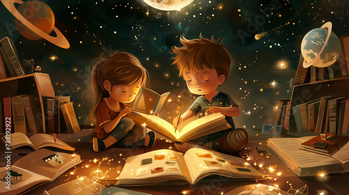 Dreamy Education: Kids Reading Surrounded by Stars, Planets, and School Items