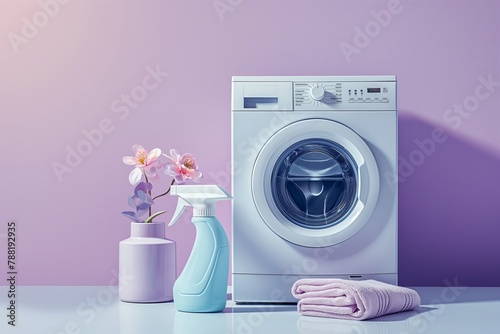 Washing machine with detergent and laundry on a purple background © Vadim