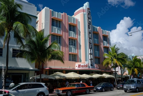 A hotel with a fleet of parked cars standing in front, illustrating a bustling scene, An Art Deco hotel in Miami, AI Generated