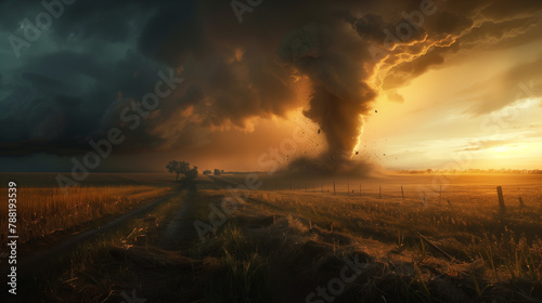Tornado Spectacle: Impressive Funnel Cloud Amidst Rural Scenery