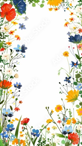 Floral patterns around edges. Beautiful background with delicate plants blooming at edges on white backdrop. Horizontal border with pastel spring summer flowers