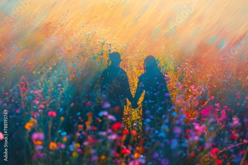 Two individuals standing amidst a vibrant field of flowers, enjoying natures beauty, An artful representation of a couple's shadows against a colourful meadow, AI Generated © Ifti Digital