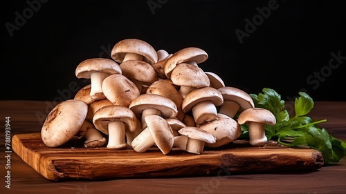 Fresh champignon mushrooms on a cutting board. Black background.