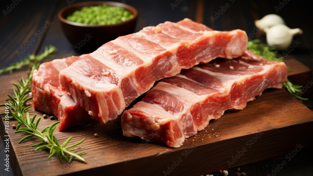 Raw pork ribs on cutting board with herbs and spices on wooden background Raw pork ribs on cutting board with herbs and spices on wooden background
