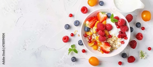 Fresh fruits served with muesli, milk, and yogurt, along with a blank space for writing.