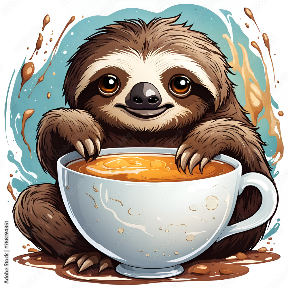 Naklejka premium Funny cartoon drawing of a happy sloth having a morning coffee. Amazing digital illustration. CG Artwork Background