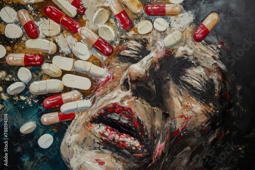 A unique artwork featuring a man with pills arranged on his face in a thought-provoking manner, An artwork showing the physical dependency caused by opioids, AI Generated