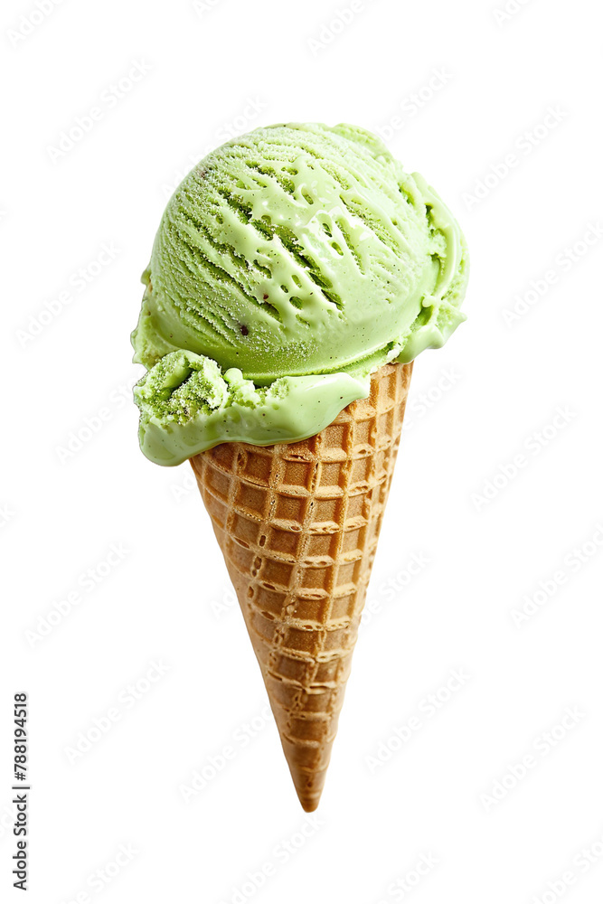 Ice cream cone with a scoop of green apple ice cream, on isolated transparent background Ice cream cone with a scoop of green apple ice cream, on isolated transparent background