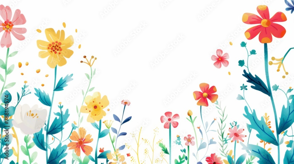 Obraz premium Floral patterns around edges. Beautiful background with delicate plants blooming at edges on white backdrop. Horizontal border with pastel spring summer flowers