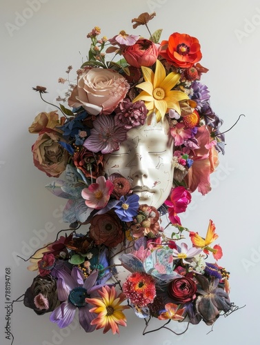 Surreal Floral Portrait of a Woman's Head with Various Items on White Wall Against White Background