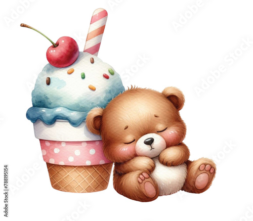 Bear sleeping on an ice cream cup clipart watercolor