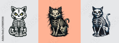 Scary skeleton cat with glowing eyes set for Halloween in vector illustrations. Generative AI